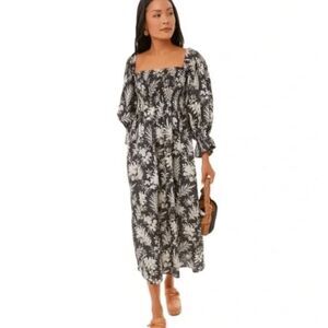 Tuckernuck Ojai Vines Hemmings Dress 100% Linen Black Tan White Floral Size XL